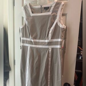 Tahari ASL Gray Sleeveless Midi Dress with White Trim